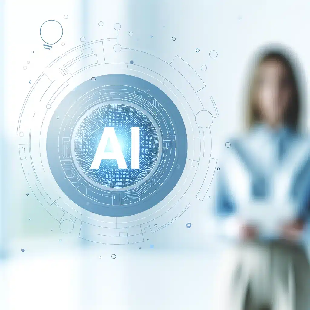 Artificial Intelligence Revolution: What You Must Know 5 Glowing AI symbol in front of a blurred businesswoman in a bright office