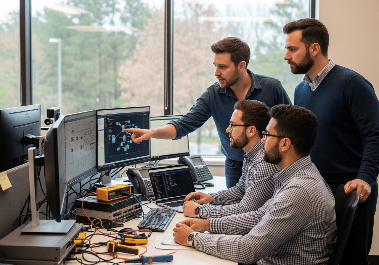 Why Forest Hills Durham Firms Rely on IT Support 2 IT support team troubleshooting network issues in Durham NC