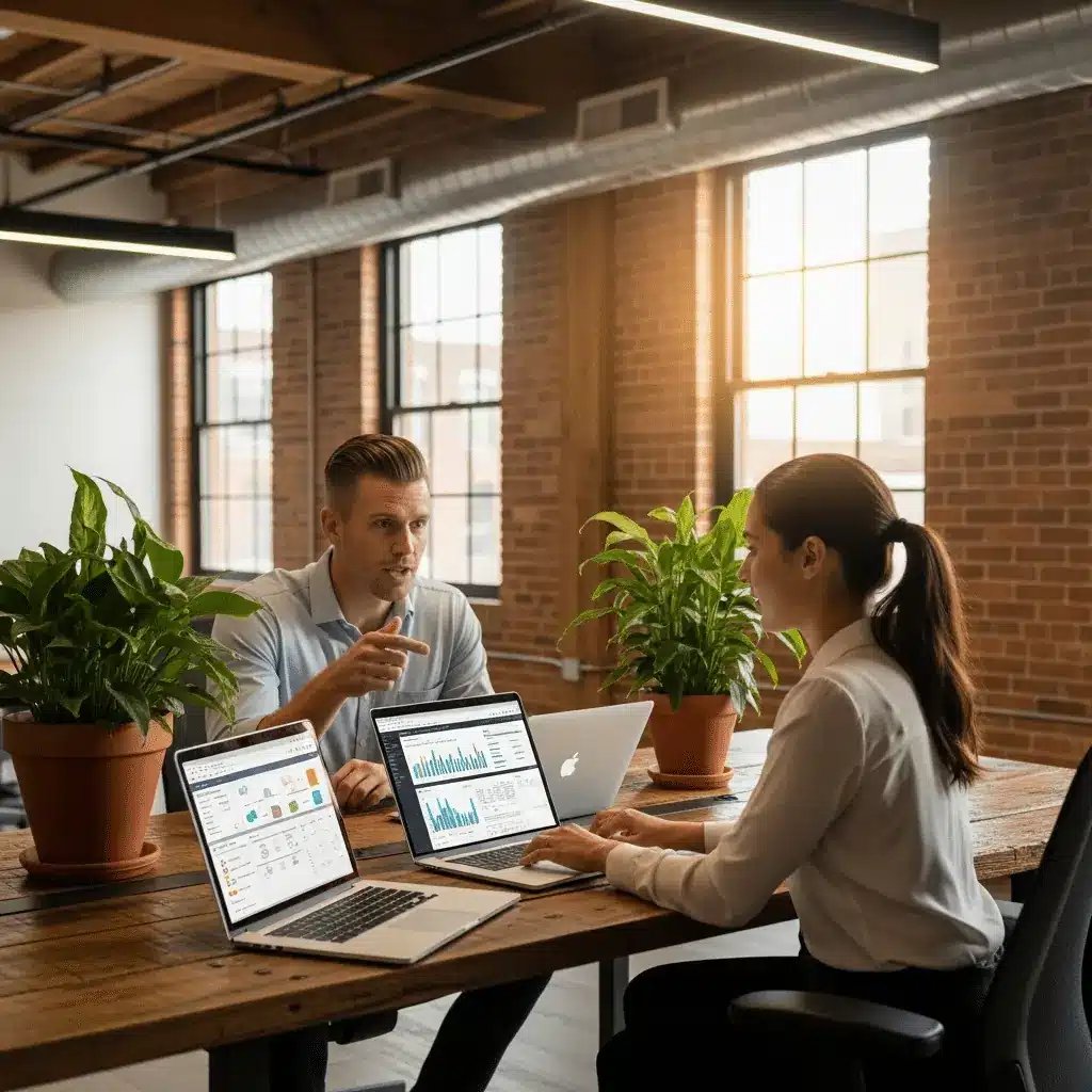 Why American Tobacco District Firms Trust Managed IT 5 Two colleagues reviewing dashboards in a brick loft office in Durham's American Tobacco District