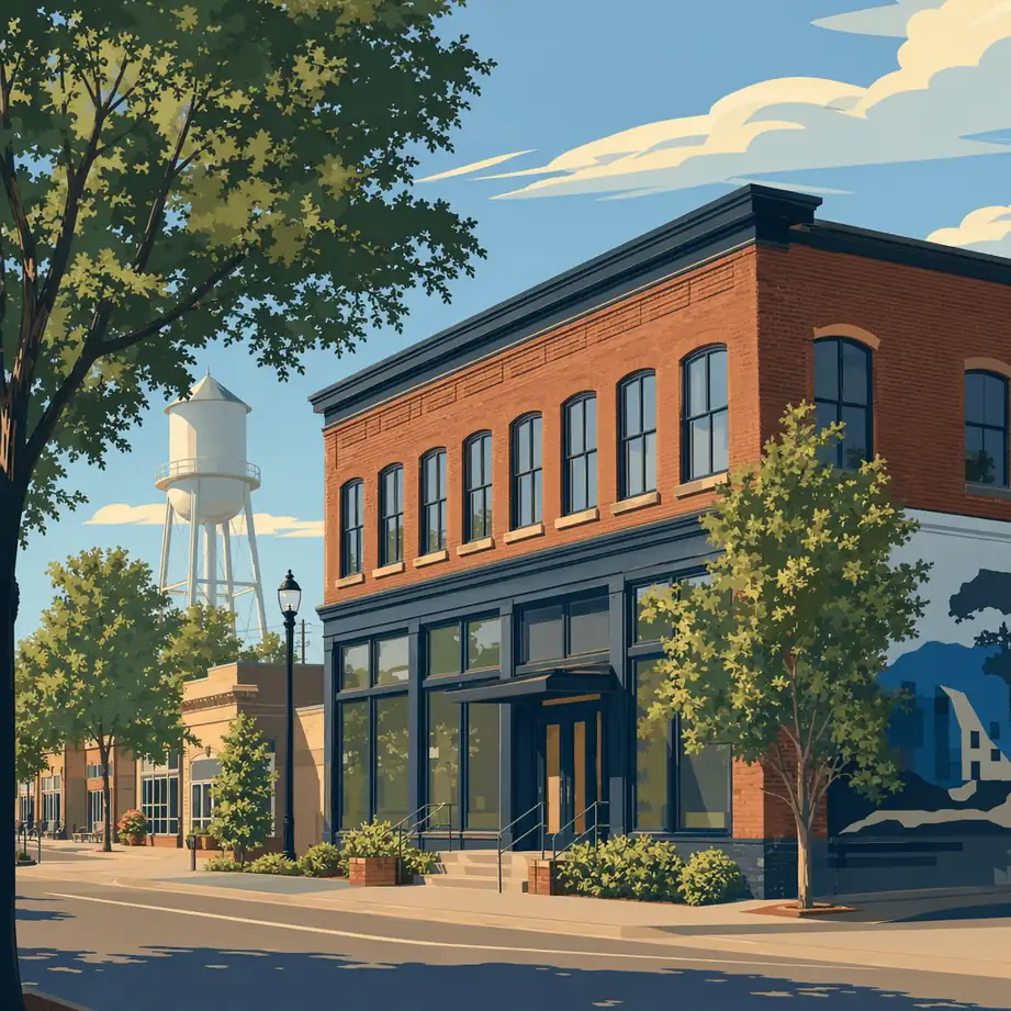 Why East Durham Businesses Choose Managed IT Support 5 Illustrated brick storefront and water tower on a sunny East Durham, NC street
