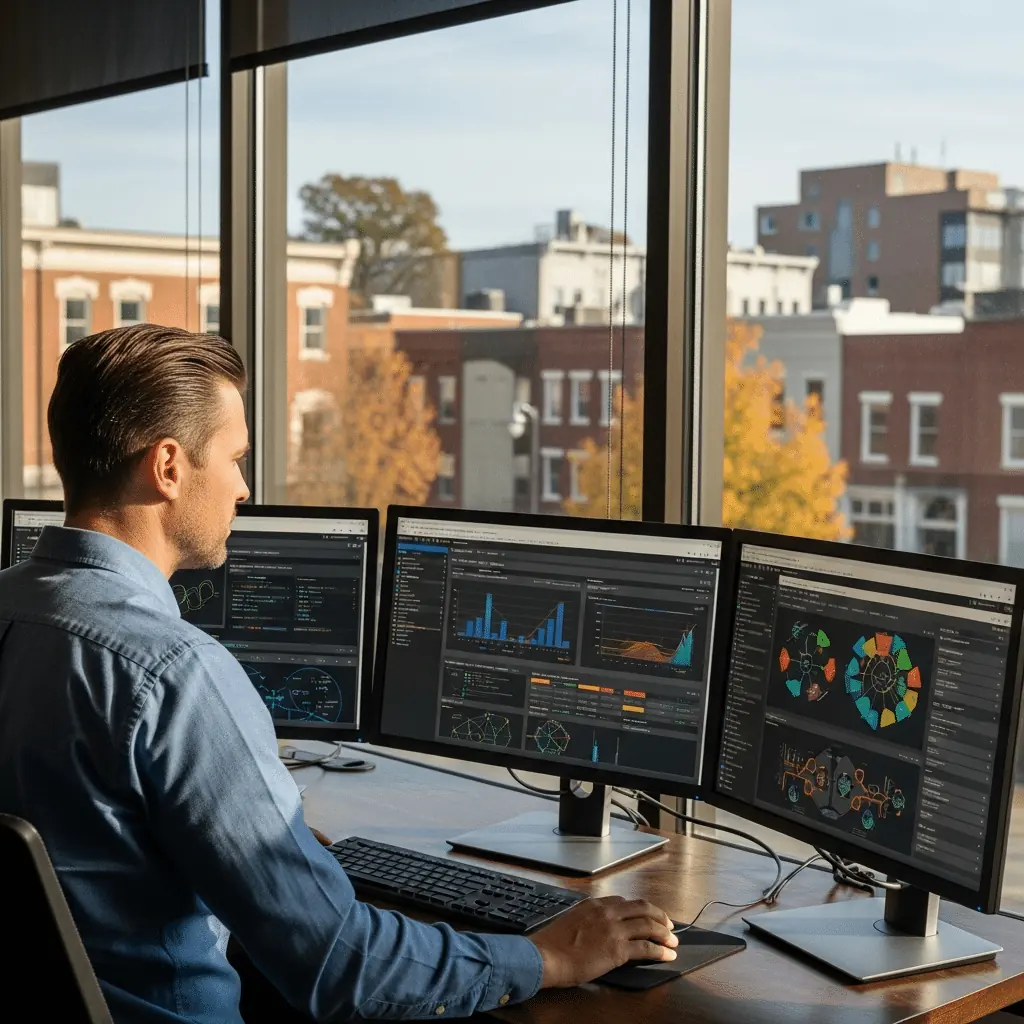 How Managed IT Support Protects the Ninth Street District 1 IT technician watching network dashboards in an office overlooking Ninth Street in Durham, NC